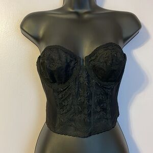 Backless by Smoothie Vintage Black Semi Sheer Lace Corset Longline Bra Size 32C